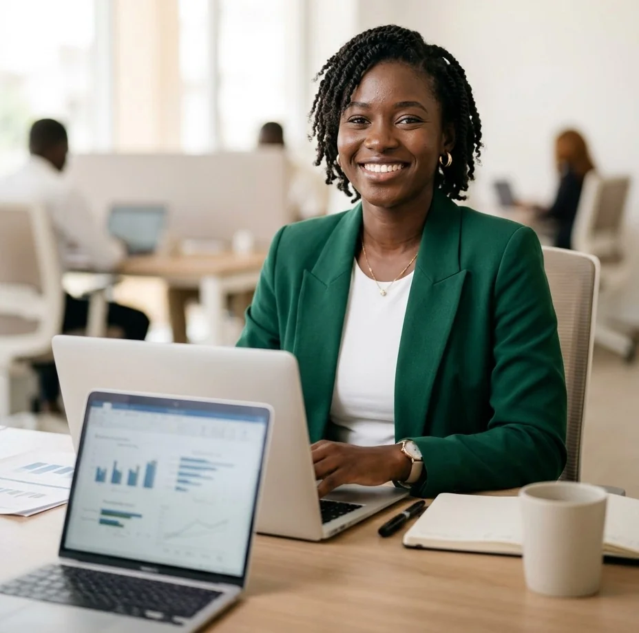 Candidate souriante au travail, illustrant les opportunités d'emploi sur YoonuJob