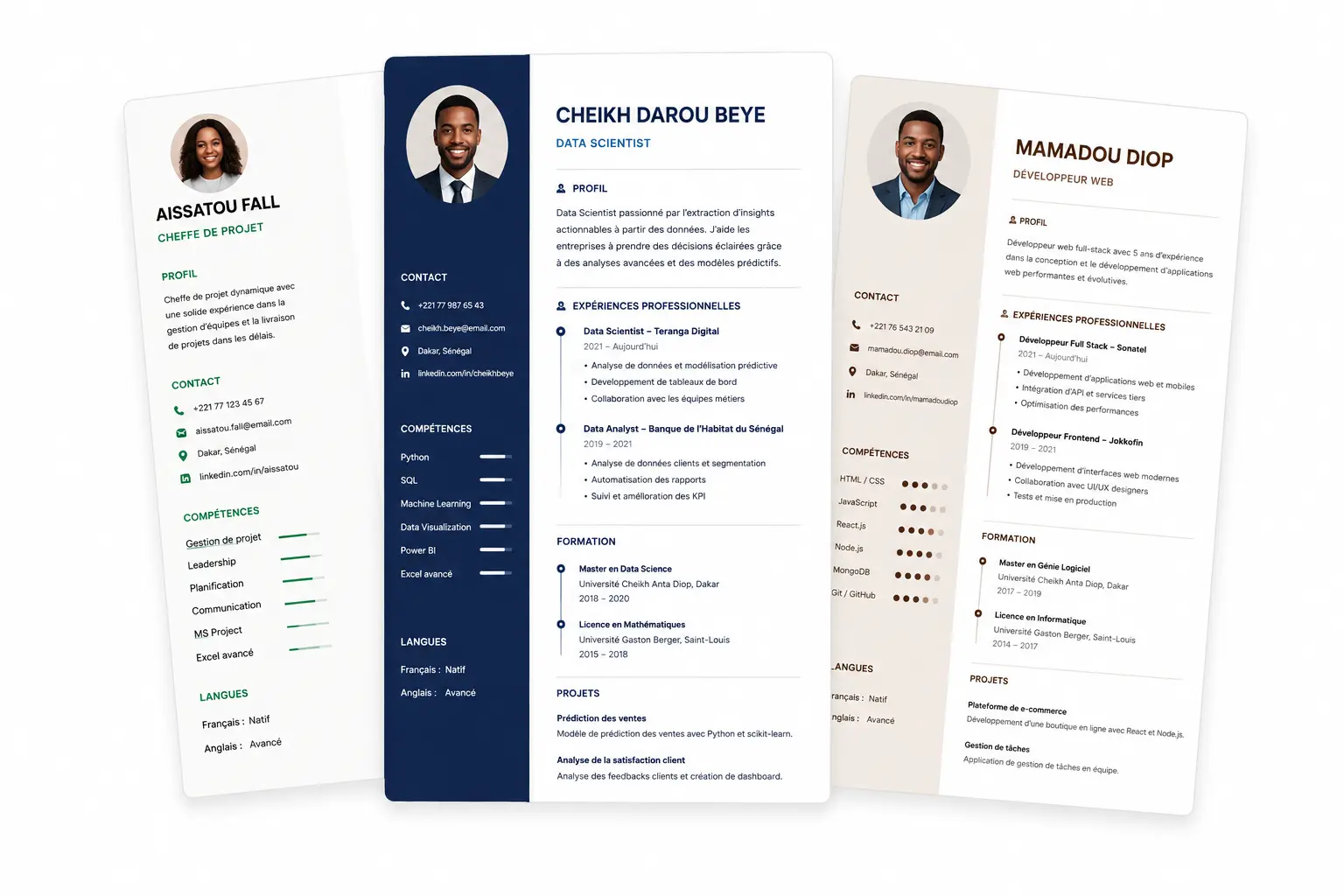 Trois modèles de CV YoonuJob superposés
